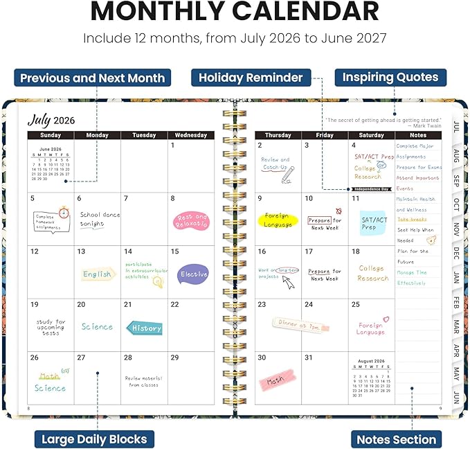 2026–2027 Academic Planner, Weekly and Monthly Planner for Women, July 2026 - June 2027, Pretty Hardcover 2026–2027 Academic Planner with Tabs, Inner Pocket, Spiral Bound, Perfect Office Home School Supplies - 6.3" x 8.5", Botanical Tapestry