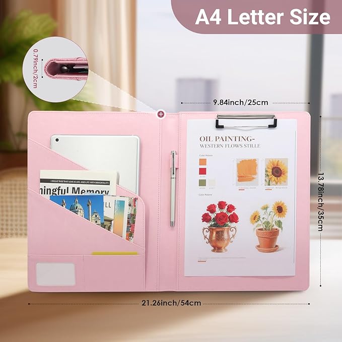 Professional Portfolio Binder, Faux Leather Padfolio for Resume, Note-Taking & Meetings, A4 Letter Writing Pad Holder for Women & Men, Pink