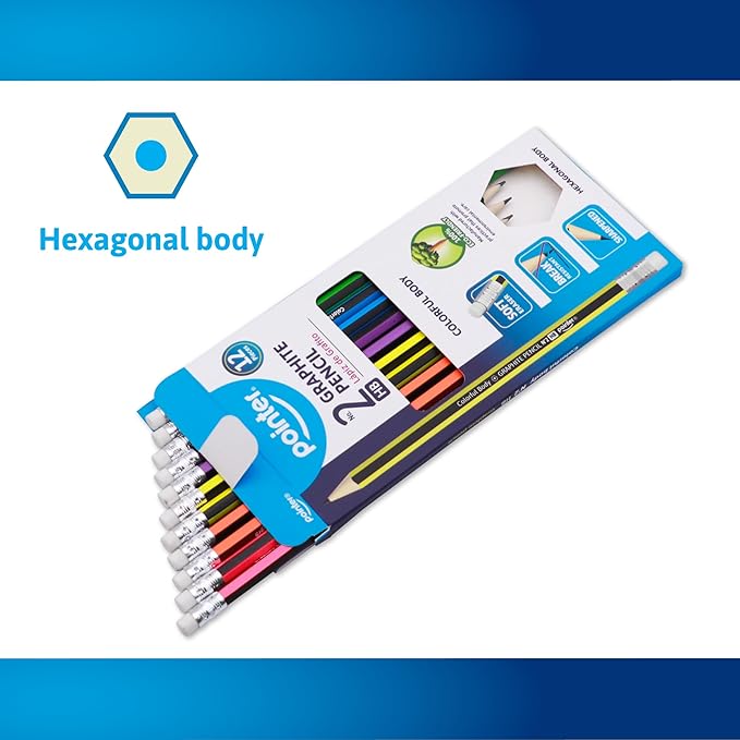 Pointer Wooden Pencils Pre-Sharpened HB Graphite Colorful Assorted Bodies, Hexagonal Grip for Comfortable Use with Soft Erasers Strong Break-Resistant Core Smooth Writing for Classrooms Work - 12Pcs