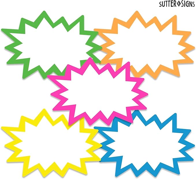 Starburst Signs with Stickers 100pcs | Sale Price Tags for Garage Sale, Estate Sale, Yard Sale, Retail Supplies. 50pcs Price Sign Cards & 50pcs Strong Sticker Dots. 4x6 inch (Neon)