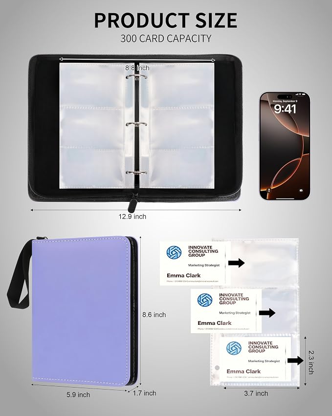 Leather Business Card Book Holder Organizer, Professional Name Card Book Holder with 300 Card Capacity, Portable PU Credit Card Binder File Sleeve Storage for Men Women,50 Pack Sleeves Zipper Closure