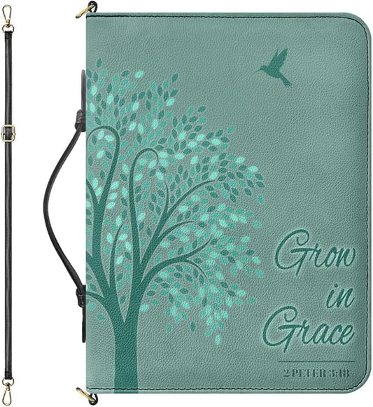 Fashion Leather Bible Covers for Women, Tree of Life Design with Grow in Grace Bible Verse 2 Peter 3:18, Green Womens Bible Case with Zipper, Handle & Detachable Adjustable Strap, Extra Large