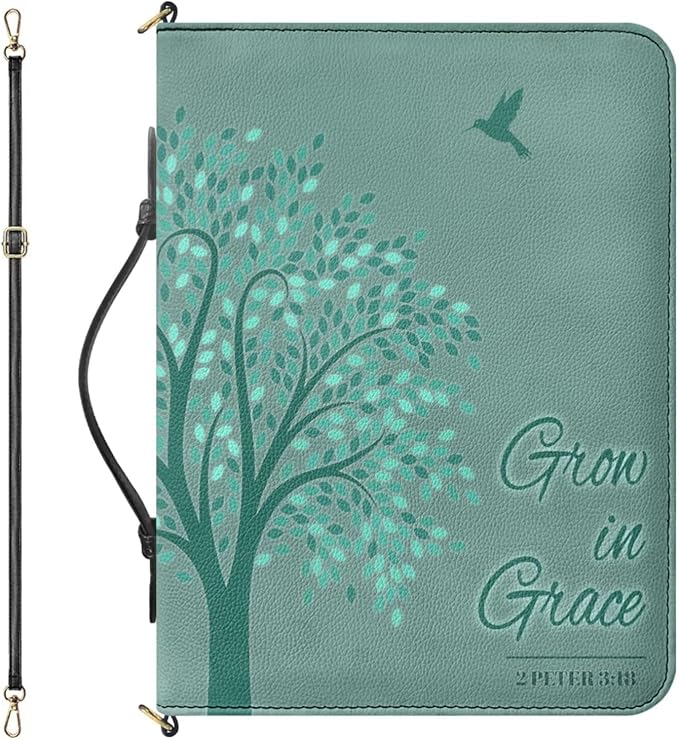 Fashion Leather Bible Covers for Women, Tree of Life Design with Grow in Grace Bible Verse 2 Peter 3:18, Green Womens Bible Case with Zipper, Handle & Detachable Adjustable Strap, 2XL