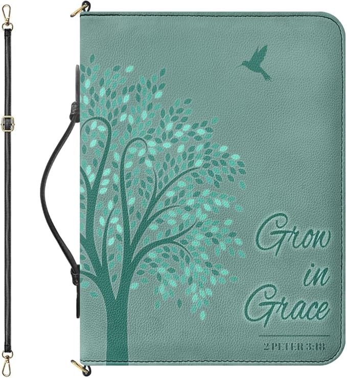 Fashion Leather Bible Covers for Women, Tree of Life Design with Grow in Grace Bible Verse 2 Peter 3:18, Green Womens Bible Case with Zipper, Handle & Detachable Adjustable Strap, Large