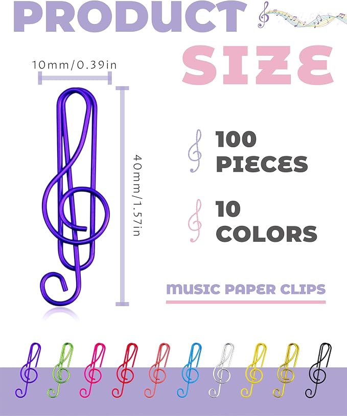 100 Pcs Music Paper Clips, Metal Musical Notes Shaped Bookmark Clips for Desk Bookmark Office School Notebook (10 Colors)