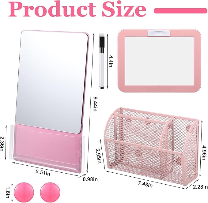 Fuyoooo Magnetic Locker Accessories Back to School Essentials Include Magnetic Mirror with Holder Magnet Mesh Pen Holder Small Whiteboard and Magnet for Office School Locker Organizer(Classic,Pink)