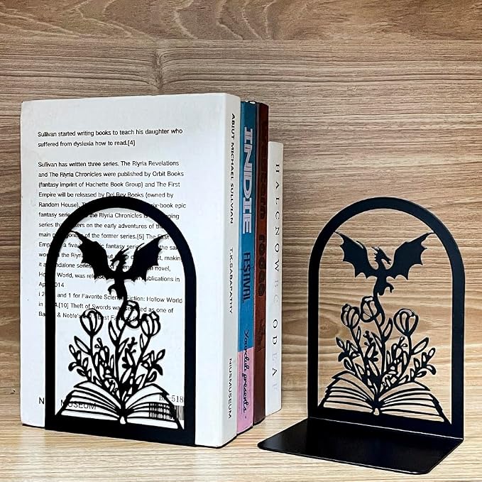 Book Ends, Bookends, Book Ends for Shelves, 1 Pair Non Skid Metal Book Divider Decorative Holder, Abstract Art Desgin Book Stopper Supports for Office, Home (Dragon A)