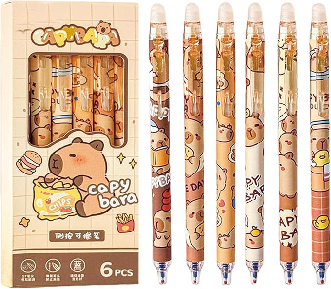 MOZXIRZ 6 Pcs Cute Erasable Retractable Pens Erasable Gel Ink Pens Cartoon Capybara Pen 0.5mm Fine Point Blue Ink Pen Cartoon Writing Pen Office School Pens Women Girls Boys (Blue Ink-Capybara)