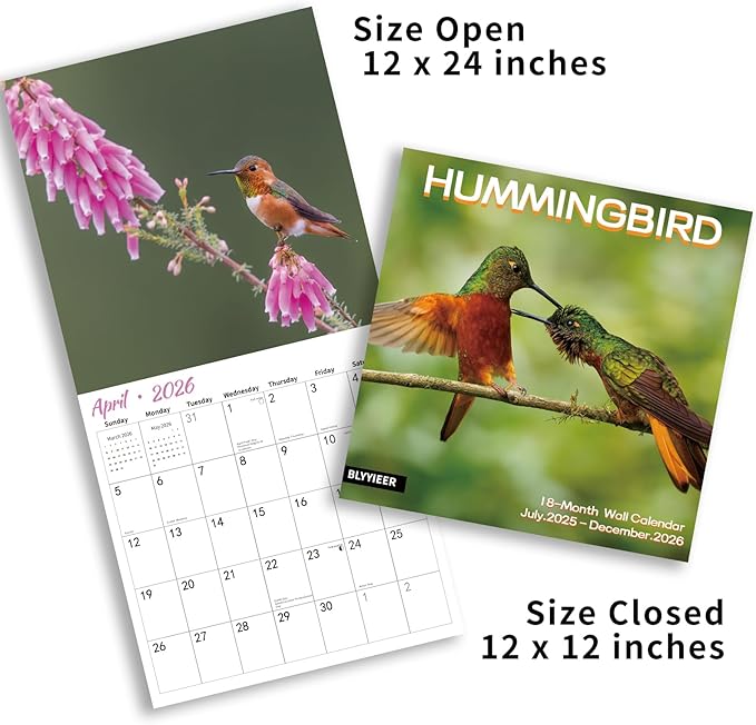 2025-2026 Wall Calendar Hummingbird | 18 Monthly Hangable Hummingbird Calendars | 12" x 24" (Open) | Thick & Sturdy Paper for Organizing & Planning | Home and Office | Hummingbird