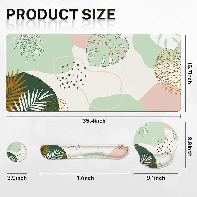 Britimes Green Boho Leaves Keyboard Mouse Pad Set 4in1 Large Mousepad+Keyboard Wrist Rest+Mouse Wrist Rest+Coaster Set with Ergonomic Design for Home Office Computer 35.4x15.7 inches