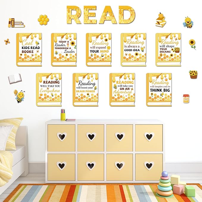Qyeahkj Bee Reading Bulletin Board Poster for Classroom Motivational Bulletin Board Bumble Bee Sunflower Cutouts Elementary Educational Prints Poster for Teachers Kindergarten Preschool Library