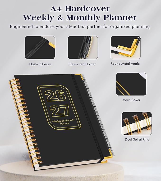 Planner 2026-2027, 18 Months Weekly and Monthly Hardcover Planner, January 2026 - June 2027, 8.5" x 11" A4 Large Daily Calendar Planner Book with Tabs, Spiral Yearly Agenda Organizer Notebook for School Work Home, Black
