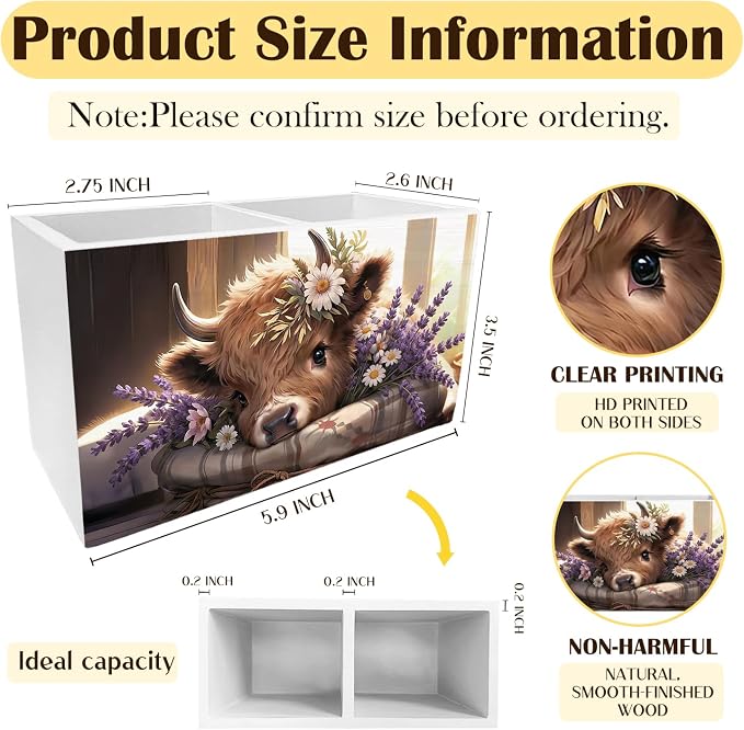 Lavender Floral Highland Cow Pen Holder for Desk, Highland Cow Gifts for Women Pencil Organizer, Rustic Purple Flower Heifer Wooden Box Sign Desk Decor for Home Office Decoration