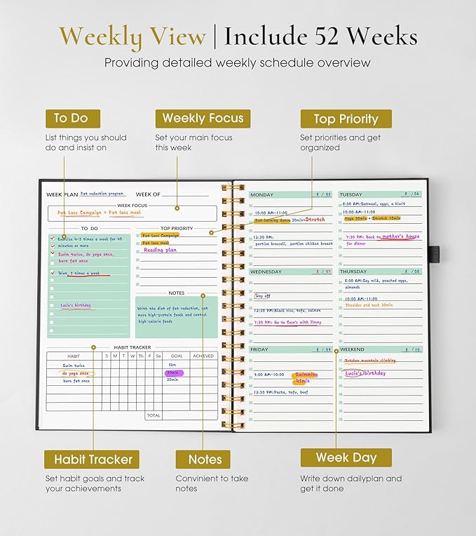 Undated Weekly and Monthly Planner, B5 Large Weekly To Do List Notebook with Goal & Habit Tracker Organizer, Hardcover Spiral Bound Blank Monthly Planner for Work School Home 7.4" x 9.64" Black