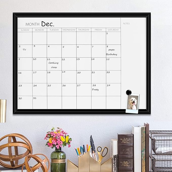 TORASO Dry Erase White Board & Monthly Calendar Board, Black Wooden Frame, Small Size Planning Board for Office, School and Home, 12" x 16"