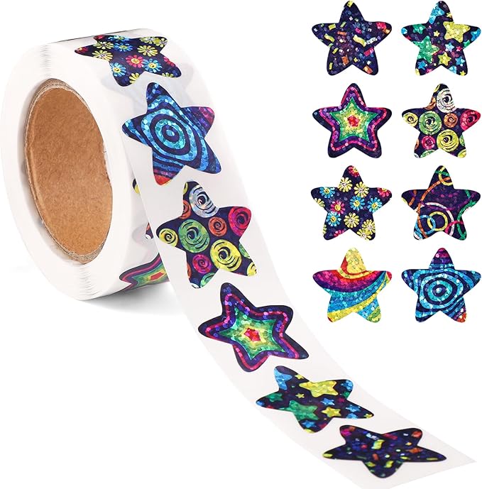 500pcs Small Star Stickers, 1 inch Self-Adhesive Colorful Sticker Cute Laser Space Star Printed Sticker Roll for Kids Teachers Reward Supplies Crafts