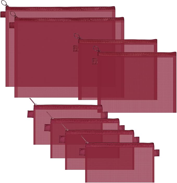 8Pcs Mesh Zipper Pouch Bags, Large Nylon Mesh Pouches for Organization, 3 Sizes Clear Travel Document File Storage Bag for School Office Home Supplies (Red, A4 & A5 & A6)