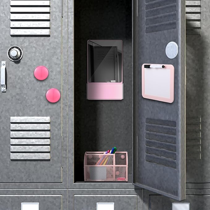 Fuyoooo Magnetic Locker Accessories Back to School Essentials Include Magnetic Mirror with Holder Magnet Mesh Pen Holder Small Whiteboard and Magnet for Office School Locker Organizer(Classic,Pink)