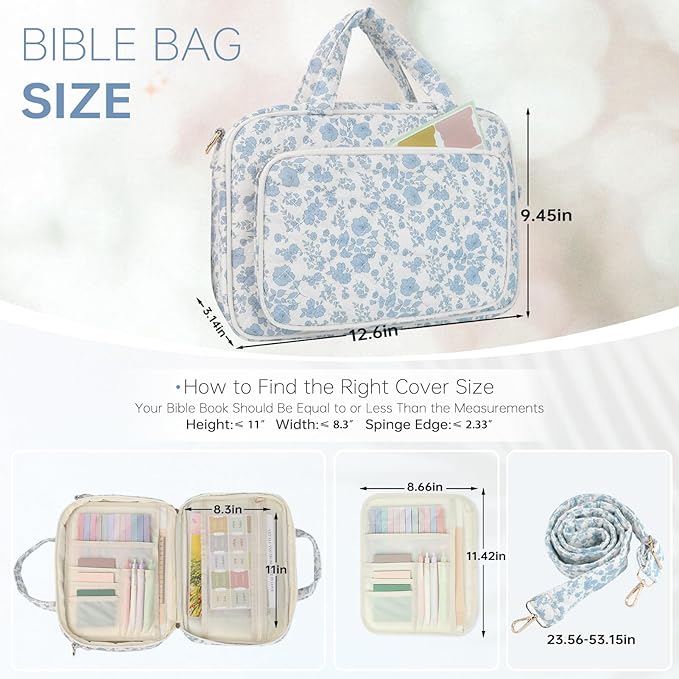 Bible Cover Case for Women Bible Study Supplies Church Camp Essentials Christian Gifts for Women Journaling Kit Quilted Large Bible Book Sleeve (Blue Flower, Large)