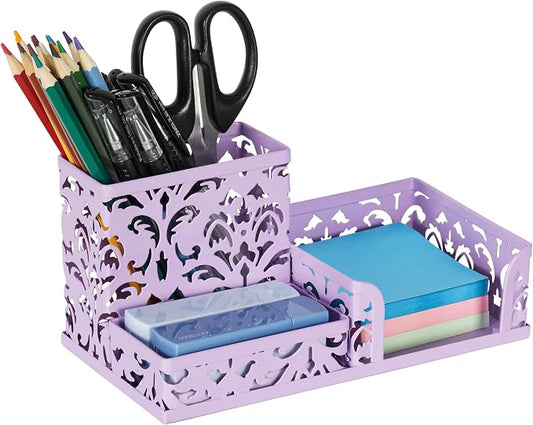 EasyPAG Desk Organizer 3 Compartment Pen Holder for Desk Office Supplies Caddy with Sticky Notes Holder for School Home, Purple