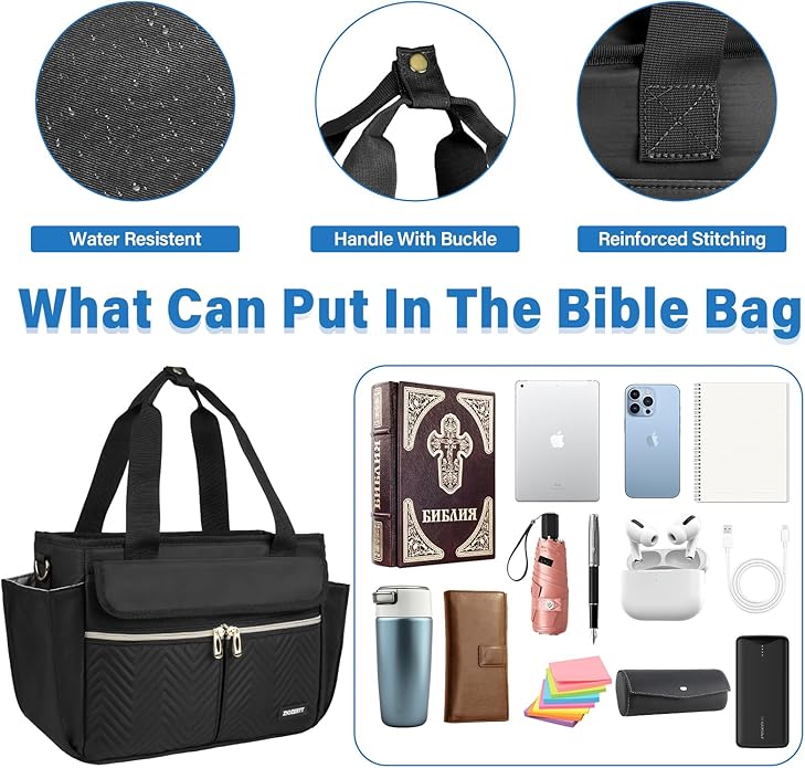 Bible Cover Case for Women,Bible Tote Bag with Shoulder Strap,Church Bag with Multiple Pockets for Bible Study Accessories