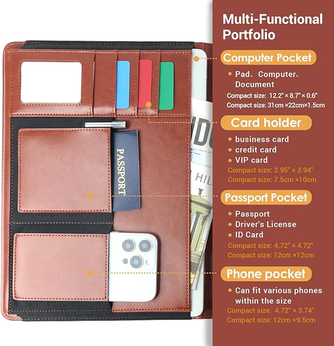 Professional Trifold Padfolio with Magnetic Closure – A4 Letter Portfolio Organizer for Business Meetings, Interviews & Presentations, Document Folder with Notepad Holder Brown