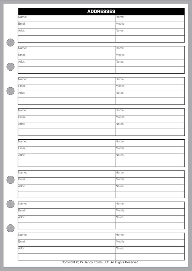 A5 Size Name & Address Refill, Sized and Punched for 6-Ring A5 Notebooks by Filofax, TMI, and others. Sheet Size 5.83"x8.27" (148mmx210mm). PLEASE CHECK YOUR BINDER TO BE SURE THIS WILL FIT.