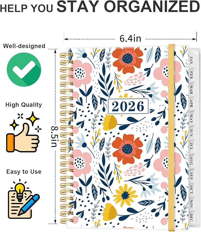 2026 Planner - Weekly and Monthly Planner from Jan 2026 - Dec 2026, Spiral Planning 2026 with 12-Month Tabs, Inner Pocket, 6.25" x 8.5", Pink Flower