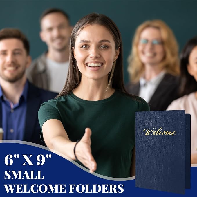 Affrolling 50 Pack 9 x 12 Inch Welcome Pocket Folders Church Visitor Welcome Folder Presentation Folder Employee File Folders for Weddings, Party, Conference, Seminars, Bar Mitzvah(Dark Blue Linen)