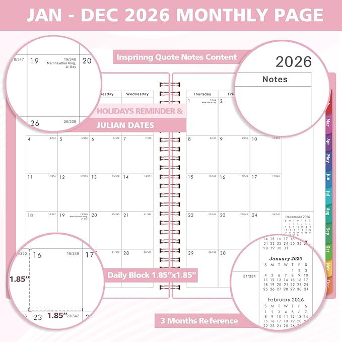 2026 Planner - 2026 Planner Weekly and Monthly from Jan. 2026 - Dec. 2026, Weekly Planners 2026 with Inner Pocket, Colorful Tabs, Planners for Women, 8.5" x 6.4" - Pink