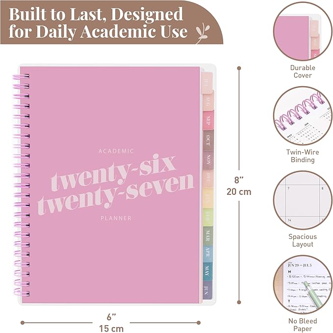 Rileys Academic Planner 2026-2027, Daily, Weekly & Monthly Planner, July 2026 - June 2027, Student Notes Pages, Twin-Wire Binding, Weekly Agenda for School & Work (8 x 6-Inches, Diagonal, Pink)