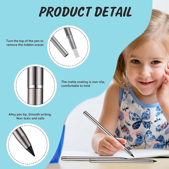 Outus Metal Inkless Pen Inkless Erasable Metallic Aluminum Pencil with Eraser for Writing Drafting Drawing Home Office School Supplies(Black)