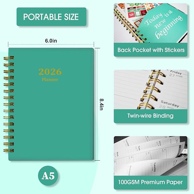 Ymumuda Academic Planner 2026, Daily Weekly and Monthly Calendar Planner (Jan. 2026-Dec. 2026),8.4"×6.3", Hardcover Notebook Teacher Supplies, Premium Thick Paper, Planners for School Work Office