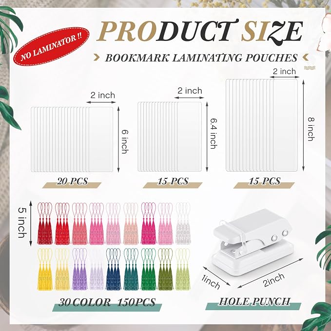 Fuyoooo 101 Pcs DIY Bookmark Making Kit Bookmark Laminating Pouches 5 Mil Hot Laminator Sleeves with Rainbow Tassels and Puncher Fit Most Pouch Laminating Machines Easter Gift(Mixed Sizes)