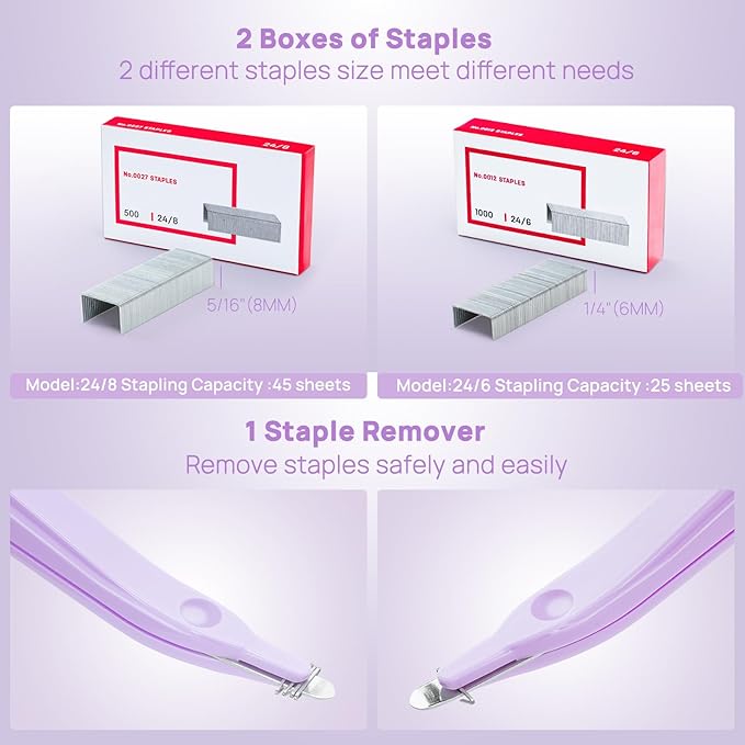 Electric Stapler for Desk Value Pack, 45 Sheet Capacity, Includes 1500 Staples & Staple Remover, No-Jam, Faster Stapling, AC Adapter Powered, Purple