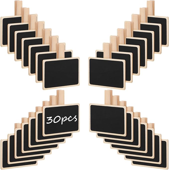 30 Pcs Wood Mini Chalkboard Clips Message Chalk Board Signs Label Board Clip Chalkboard Signs for Note Taking Wedding Party Buffet Food Name Tags 2 x 2.8 Inch(Rectangular)