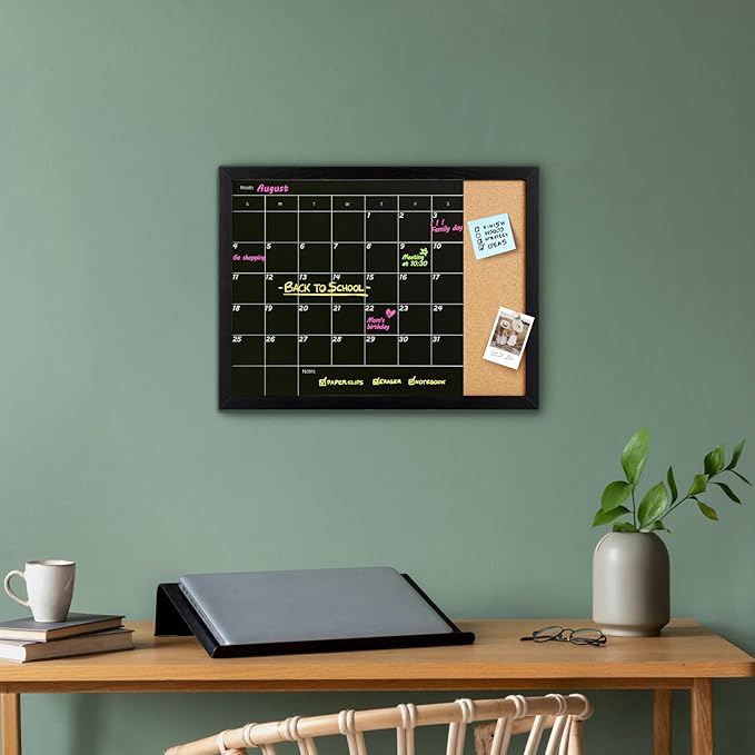 Combination Calendar & Memo Board, Magnetic Surface Monthly Calendar, Wall Mountable, Decorative Black Wood Framed(R-ZHYL-BK,4333)