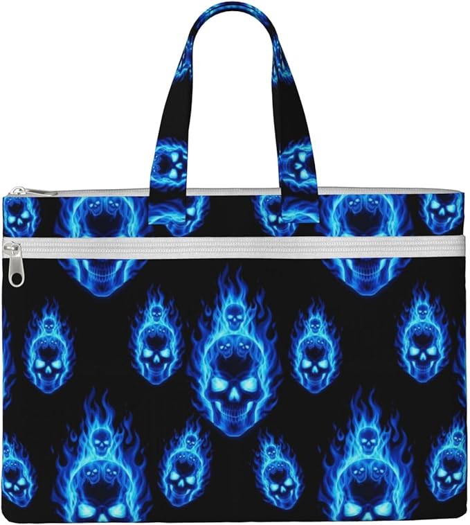Business Document Handbag Blue Fire Flame Skull Art, Zippered Canvas File Bag with Handle for Office Meetings and Travel