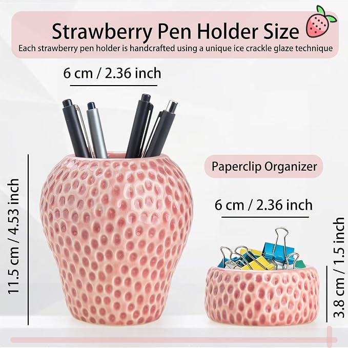 Ceramic Paper Clip Holder, Strawberry Pen Holder Set, Cute Pen Holder for Desk Storage Set of 2, Office, School, Home Decor(Pink)