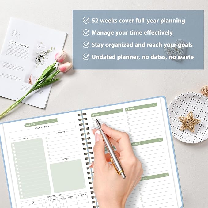 Undated Weekly Planner, Weekly To Do List Notebook with Goal, Organizer & Habit Tracker, A5 Daily Planner with Spiral Binding, Ideal for Office School Suppies
