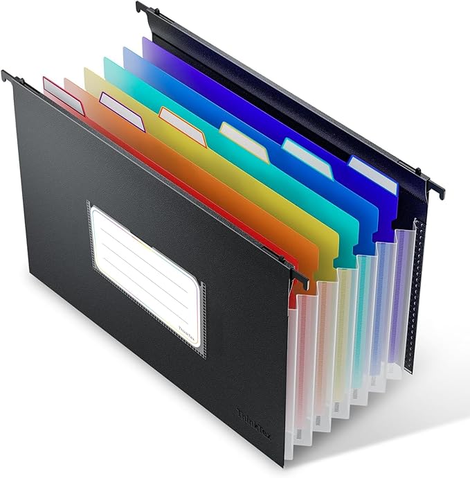 ThinkTex Plastic Expanding Hanging File Folders, 7 Innovative 1.2" Accordion Pockets, Large Capacity, Multi-Color Tabs, Legal Size for Filing Cabinet - 1 Pack