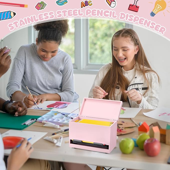 Yalikop 1 Pc Wooden Pencil Dispenser for Classroom Pastel Wood Pencils Holder for up to 200 Pencils Reusable Straw Dispenser for Home Office Teachers Supplies Storage (Classic,Pink)