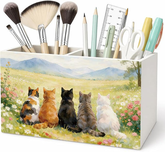 Funny Cat Pen Pencil Holder for Desk, Cat Mom Lady Lover Gifts for Women, Rustic Cottagecore Wildflower Cats Pencil Holders Wooden Box Organizer for Home Office Bedroom Desk Tabletop