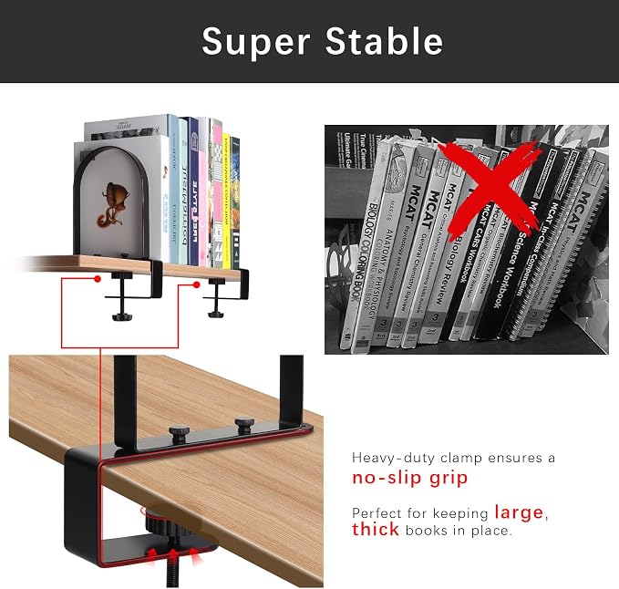 WOMACO Book Ends for Heavy Books, Heavy Duty Bookend for Shelves, Super Steady Clamp-On Non-Skid Metal Book Shelves Holders Stoppers for CDs, Vinyl Records (Black, 4 Pairs)