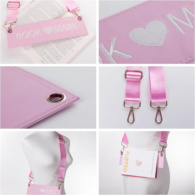 TIDOIRSA Detachable Strap Embroidered Leather Bookmarks Carrier for Woman,Readers,Book Lovers (Pink)