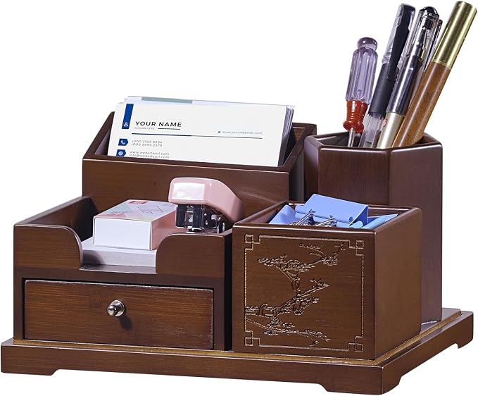 Bamboo Desk Organizer with Drawer, Pen Holder & Business Card Slot, Multi-Compartment Desktop Storage Caddy, Wood Desk Accessories for Office & Home Office, Dark Brown Finish