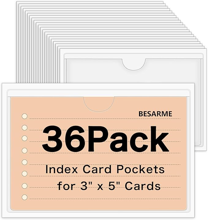 36 Pack 3" x 5" Index Card Holder Adhesive Plastic Label Holders Clear Tote Bag Labels Stickers for Organizing Storage Bins Library Card Shelves