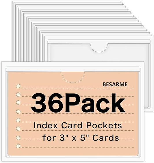 36 Pack 3" x 5" Index Card Holder Adhesive Plastic Label Holders Clear Tote Bag Labels Stickers for Organizing Storage Bins Library Card Shelves