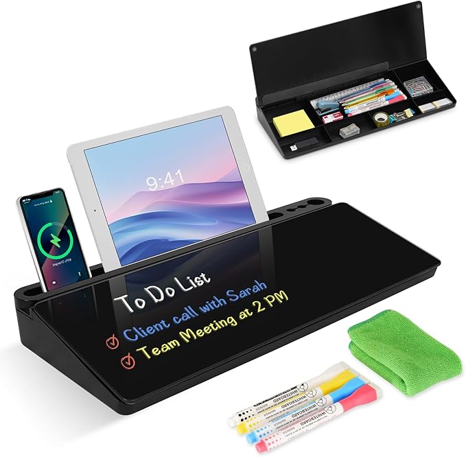 Desktop Glass Whiteboard with Storage, Desk Board with Computer Keyboard Stand, White Dry Erase Board with Drawers for Home, School, Office Desk Organizers and Accessories - Black