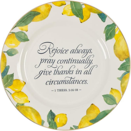 Christian Art Gifts Round 9" Decorative White Ceramic Salad & Dessert Plate for Home & Kitchen: Rejoice Always Inspirational Bible Verse, Food Safe Novelty Kitchenware, Gold Rim, Bright Yellow Lemons